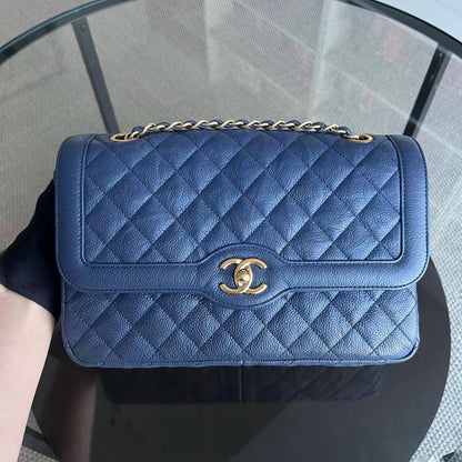 Crumpled Two Tone Flap Grained Calfskin Navy Blue Golden Hardware Series 21