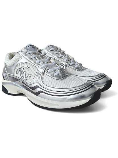 Fabric Laminated Low Top Sneakers Silver Chanel
