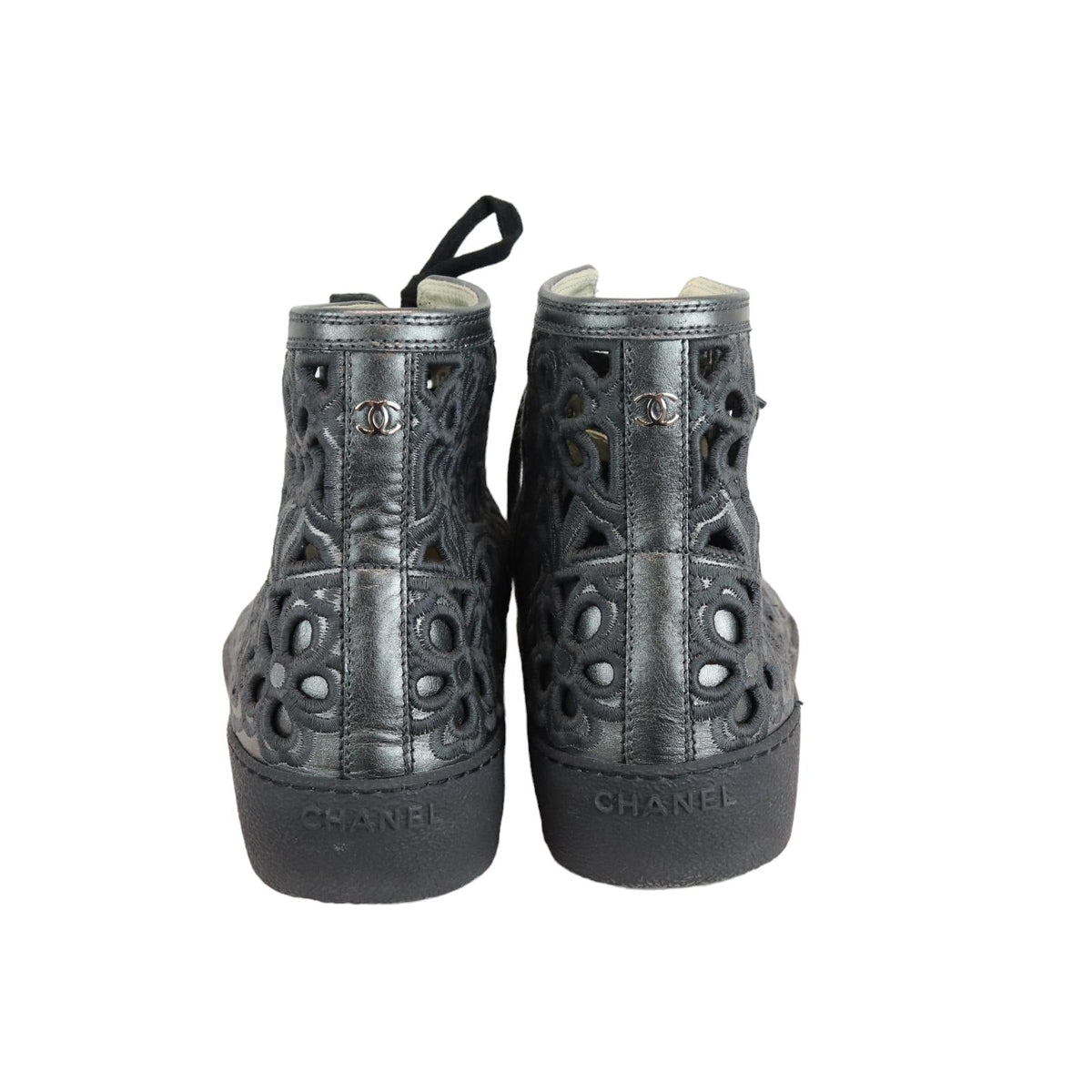 Hollow Out Flower Sneakers Leather Black Size 37