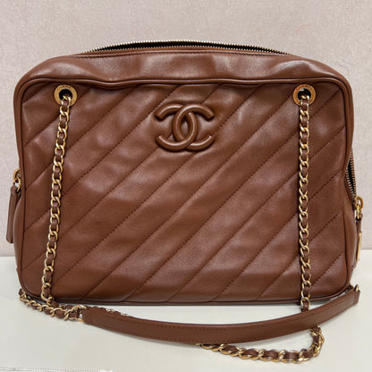 Chanel Brown Diagonal Quilted Leather CC Covered Signature Flap Bag Chanel