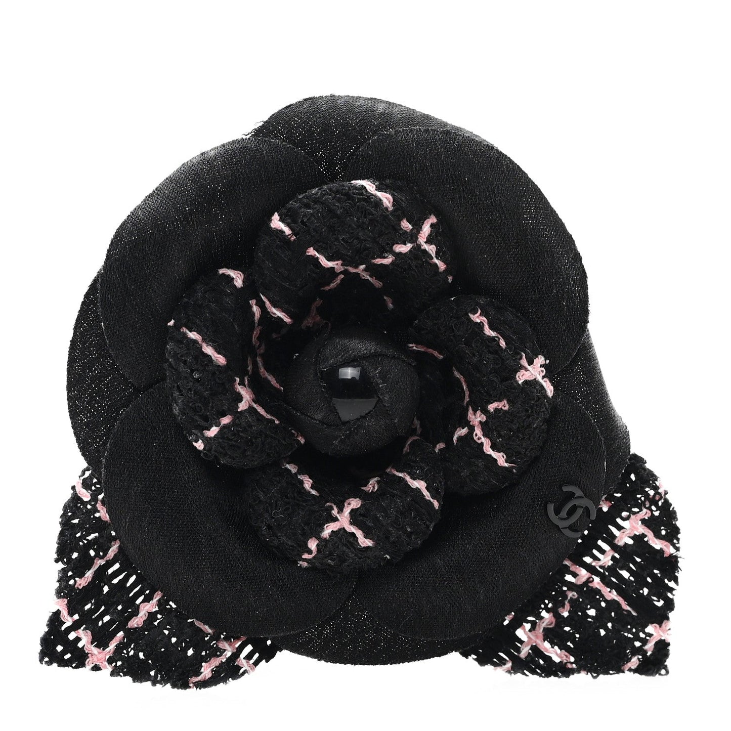 Tweed Fabric Camellia Pin Brooch Black Pink