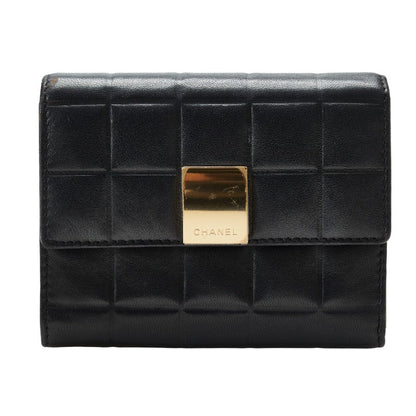 Chanel Chocolate Bar Three Folded Wallet Black Leather Lady Chanel