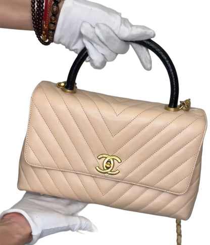 CHANEL Caviar Lizard Chevron Quilted Mini Coco Handle Flap Ivory B-