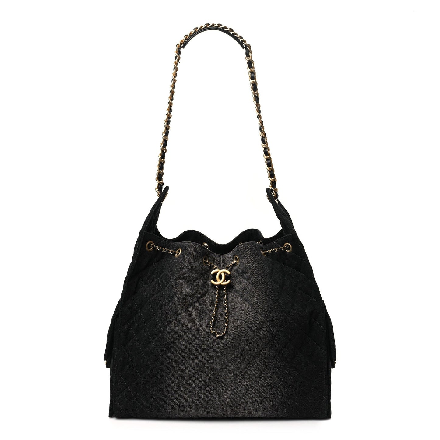 Washed Denim Quilted Medium Chanel 25 Handbag Black