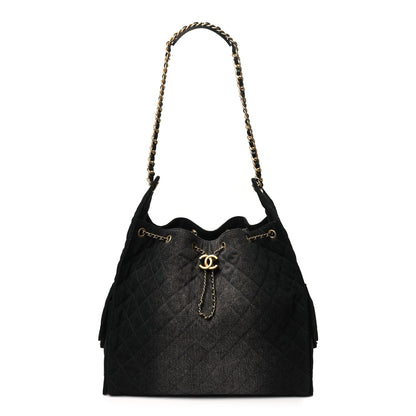 Washed Denim Quilted Medium Chanel 25 Handbag Black