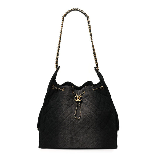 Washed Denim Quilted Medium Chanel 25 Handbag Black