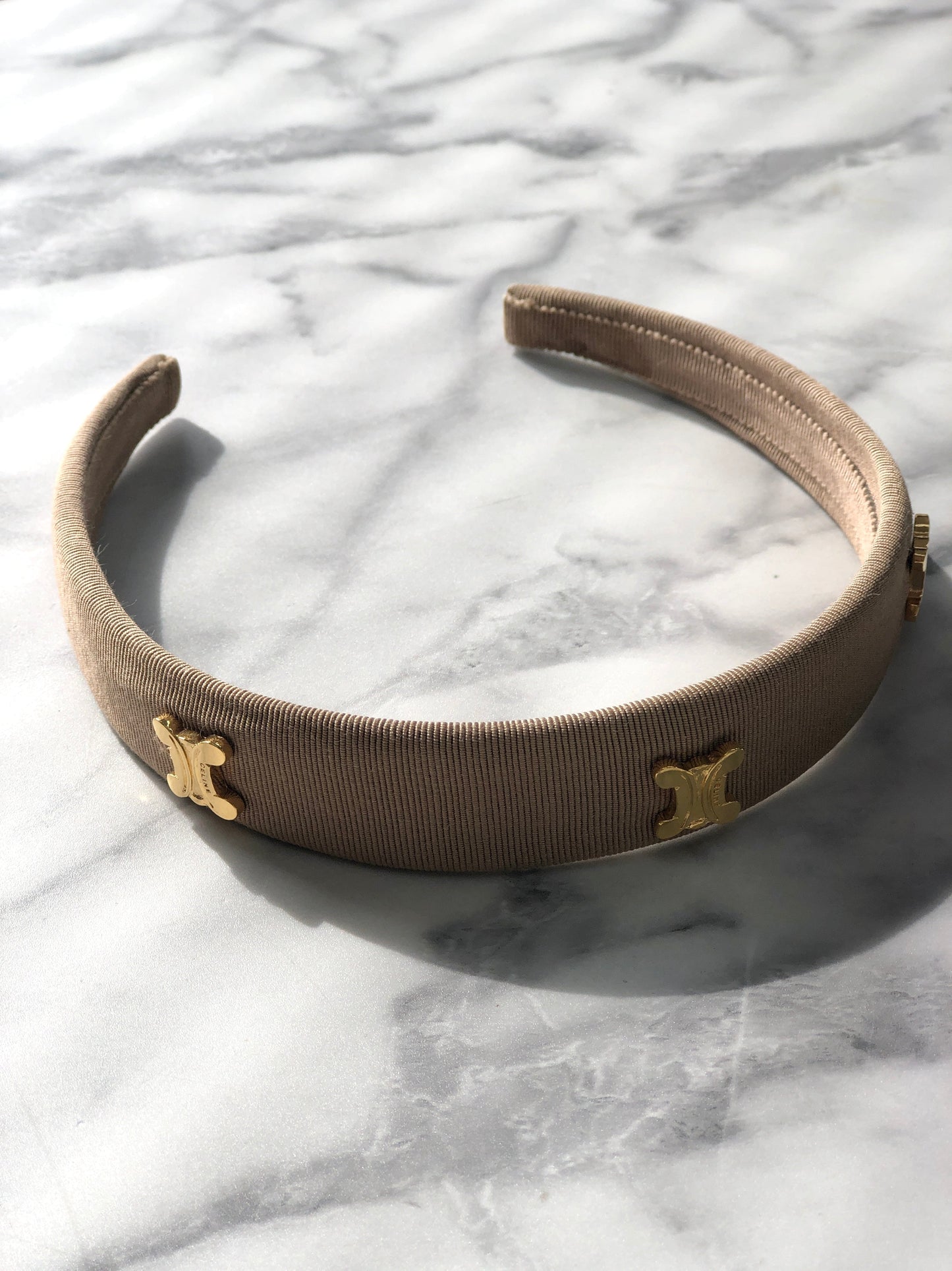 CELINE Triomphe  Fabric headband Beige Vintage t3apeu