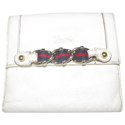 Gucci White Textured Leather With Gold Chain And Red And Navy Striped Accents Wallet