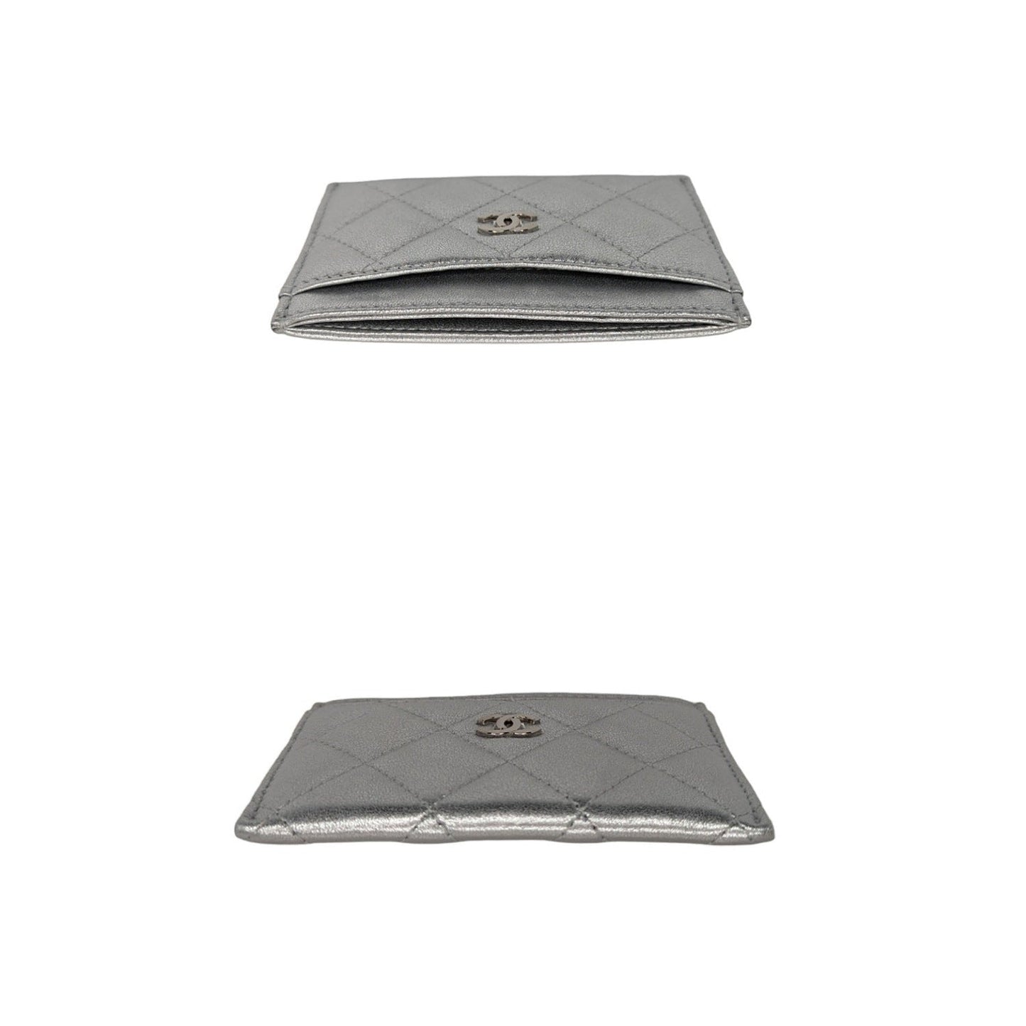 Chanel Metallic Lambskin Quilted CC Card Holder Silver