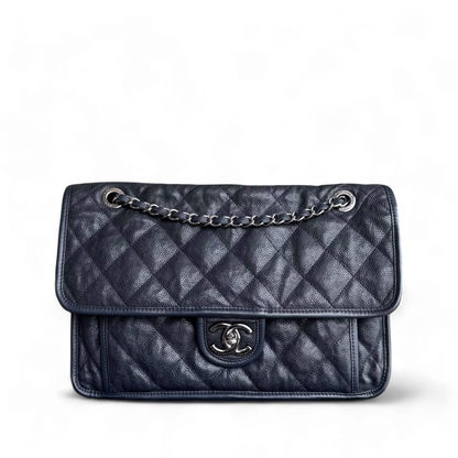 Chanel French Riviera Jumbo - Caviar 30CM Quilted Dark Navy Blue Silver Hardware Series 19