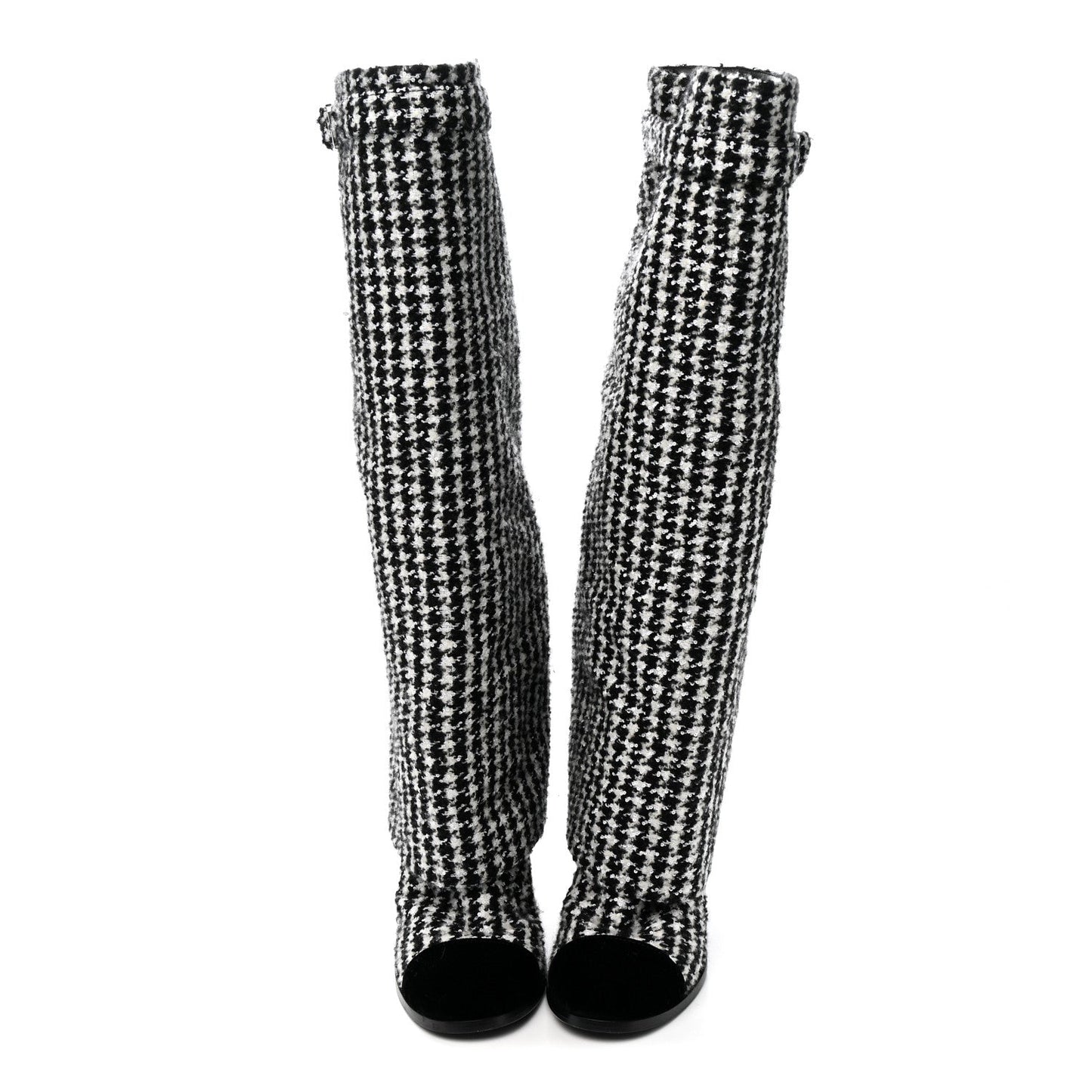 Tweed Sequin Velvet Cap Toe Fold Over High Boots 38.5 White Black
