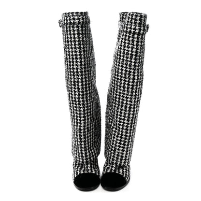 Tweed Sequin Velvet Cap Toe Fold Over High Boots 38.5 White Black