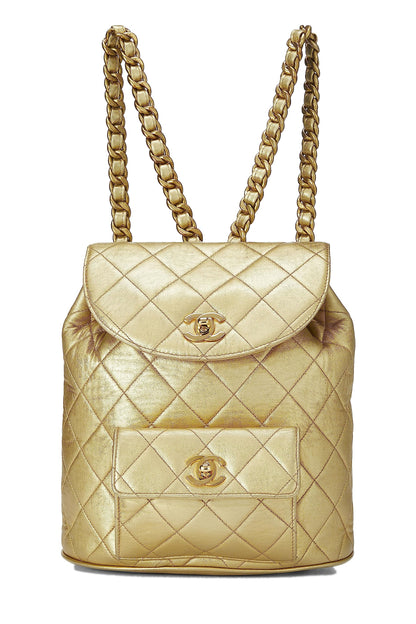 Chanel,  Metallic Gold Quilted Leather Classic Backpack Mini, Gold
