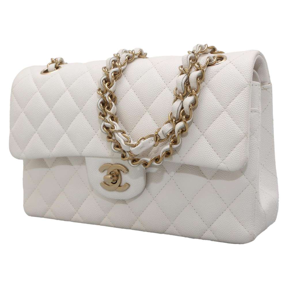 Chanel Matelasse Double Flap Chain Shoulder Bag White A01113 Caviar Leather Size 23