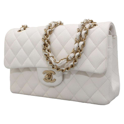 Chanel Matelasse Double Flap Chain Shoulder Bag White A01113 Caviar Leather Size 23