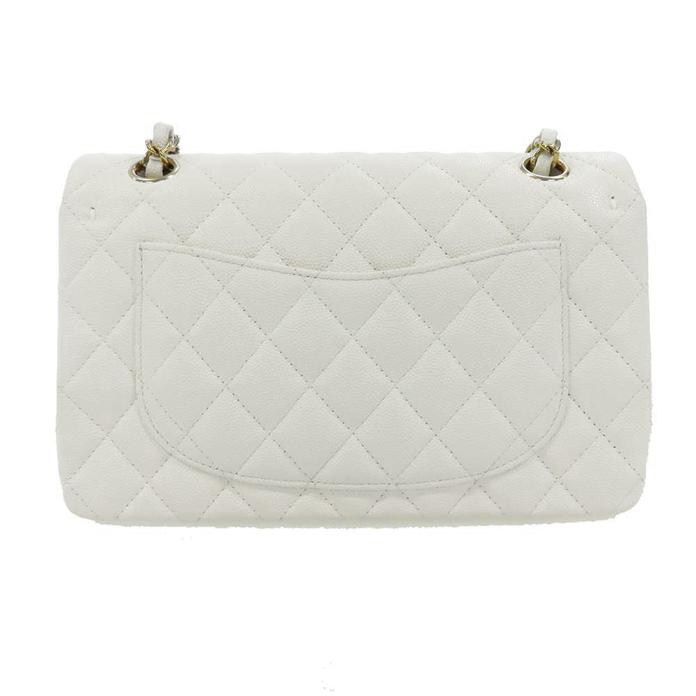 Chanel Matelasse Double Flap Chain Shoulder Bag White A01113 Caviar Leather Size 23