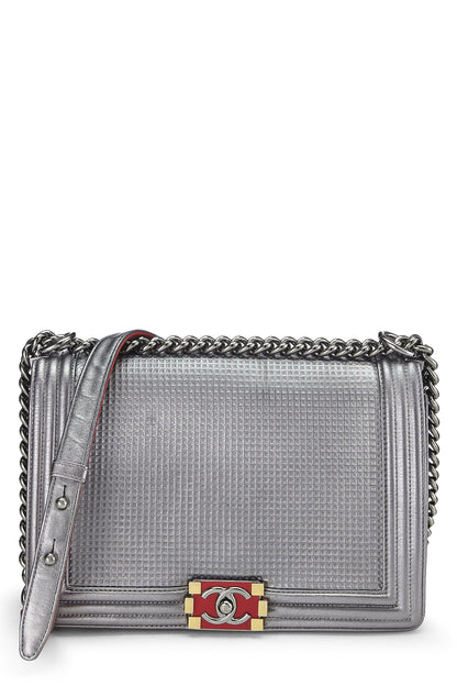 Chanel,  Silver Cube Embossed Calfskin Boy Bag Medium, Silver