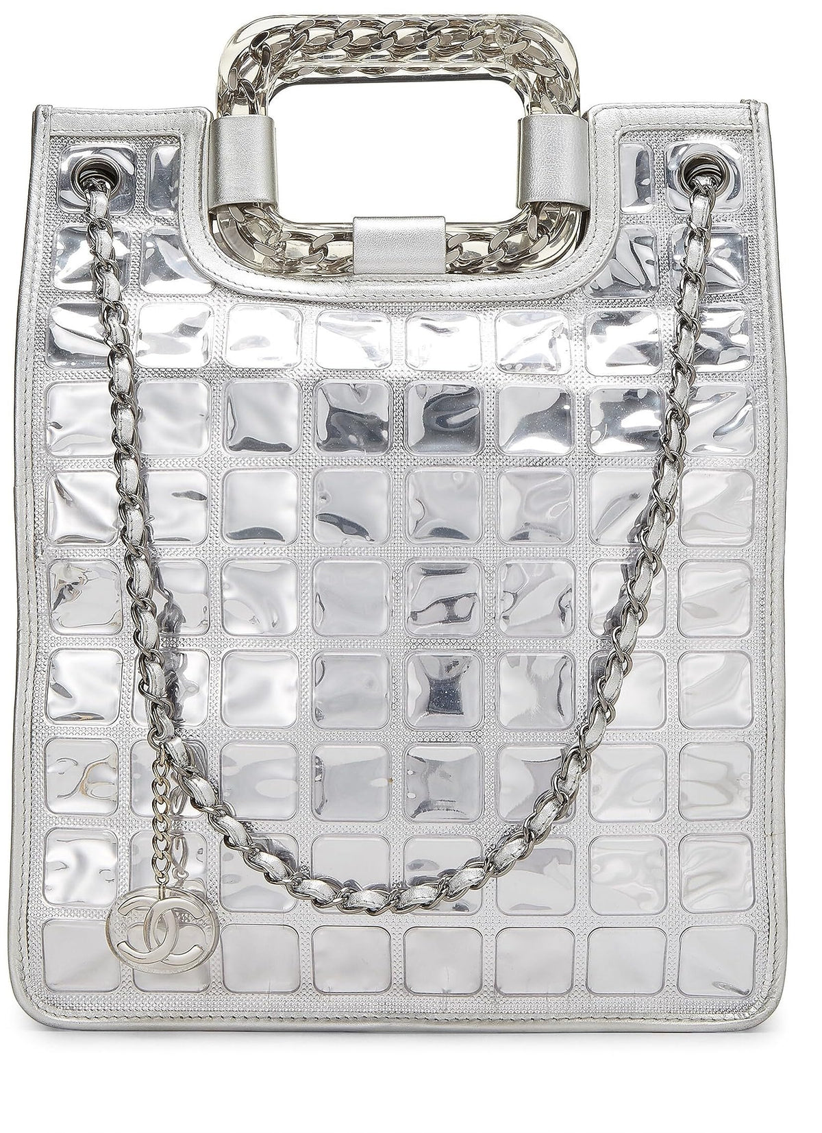 Chanel,  Metallic Silver Quilted Leather Ice Cube Shopping Tote, Silver