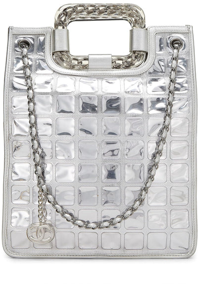 Chanel,  Metallic Silver Quilted Leather Ice Cube Shopping Tote, Silver