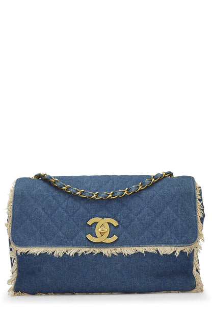 Chanel,  Blue Quilted Denim Half Flap Maxi, Blue