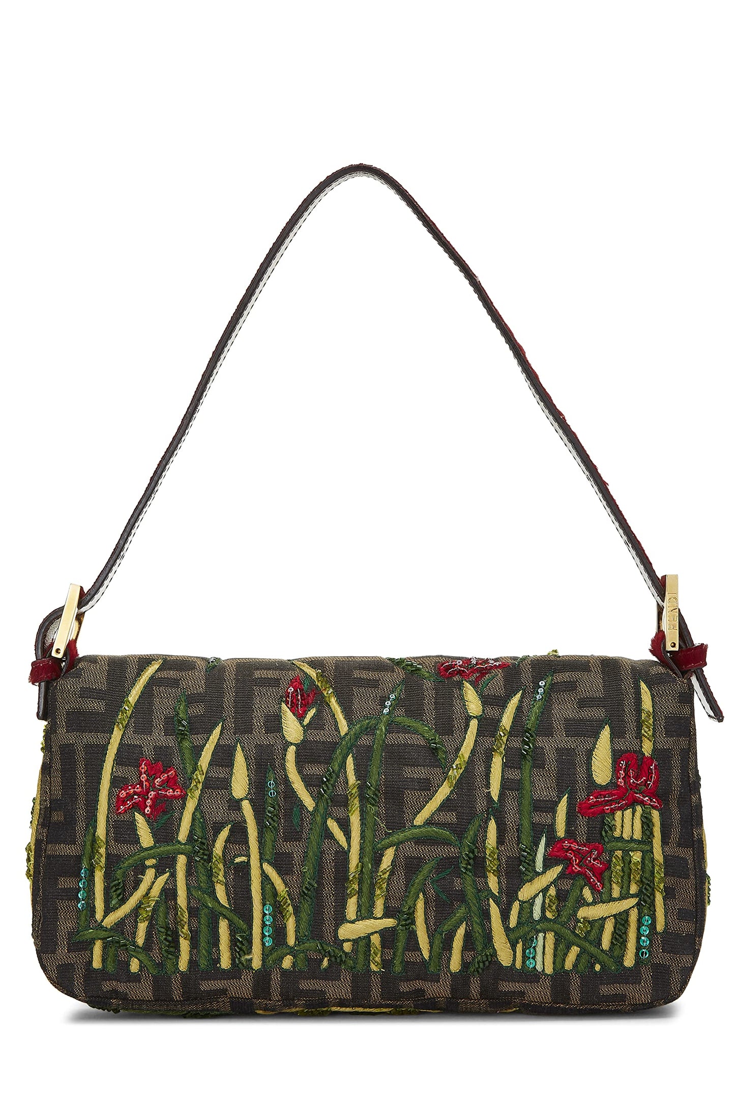 Fendi,  Brown Zucca Canvas Embroidered Baguette, Red