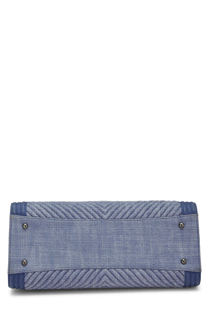 Chanel,  Blue Denim Chevron Boy Shopping Tote Large, Blue