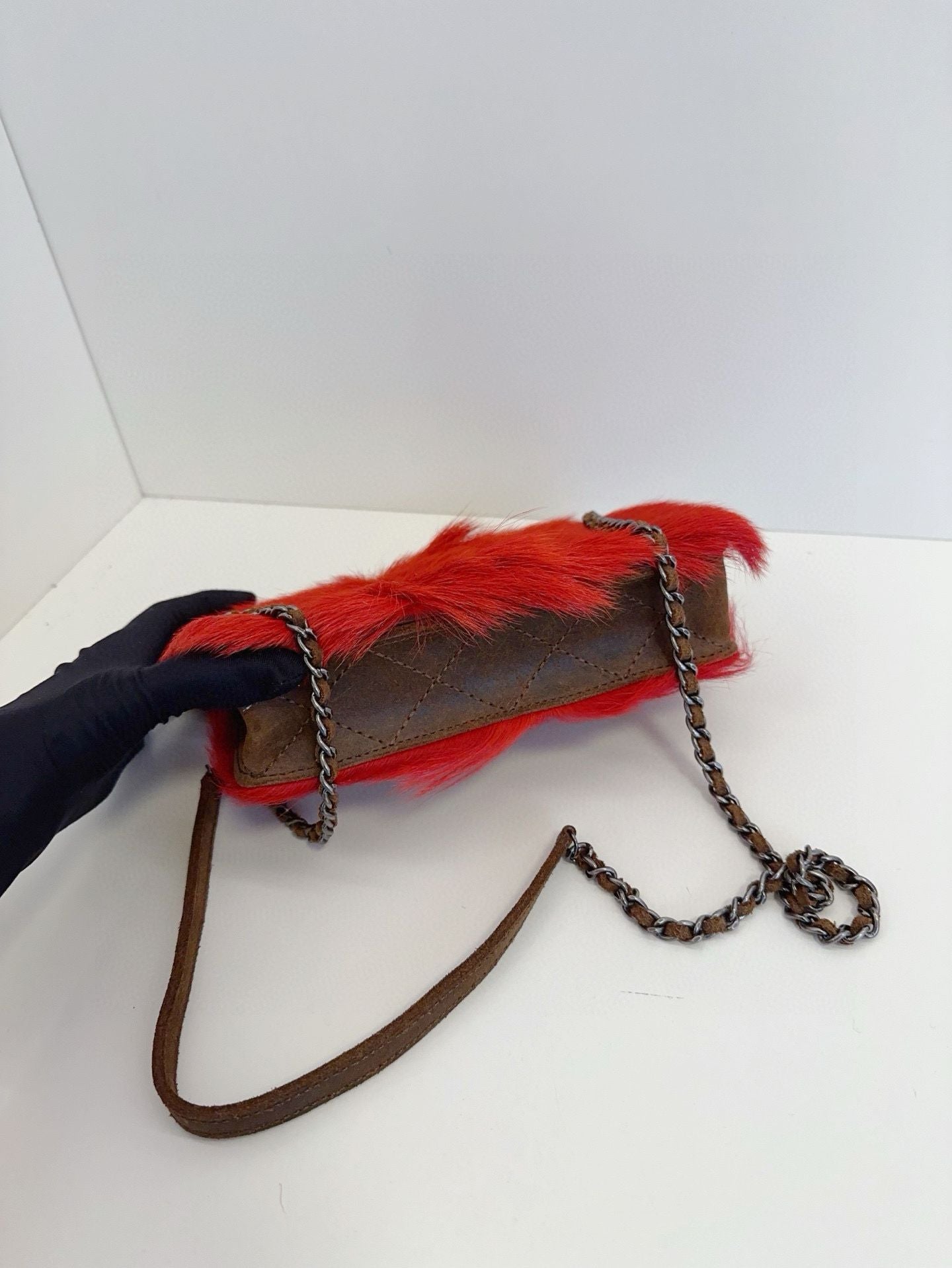 Vintage Chanel ECO-fur WOC chain bag red **cm