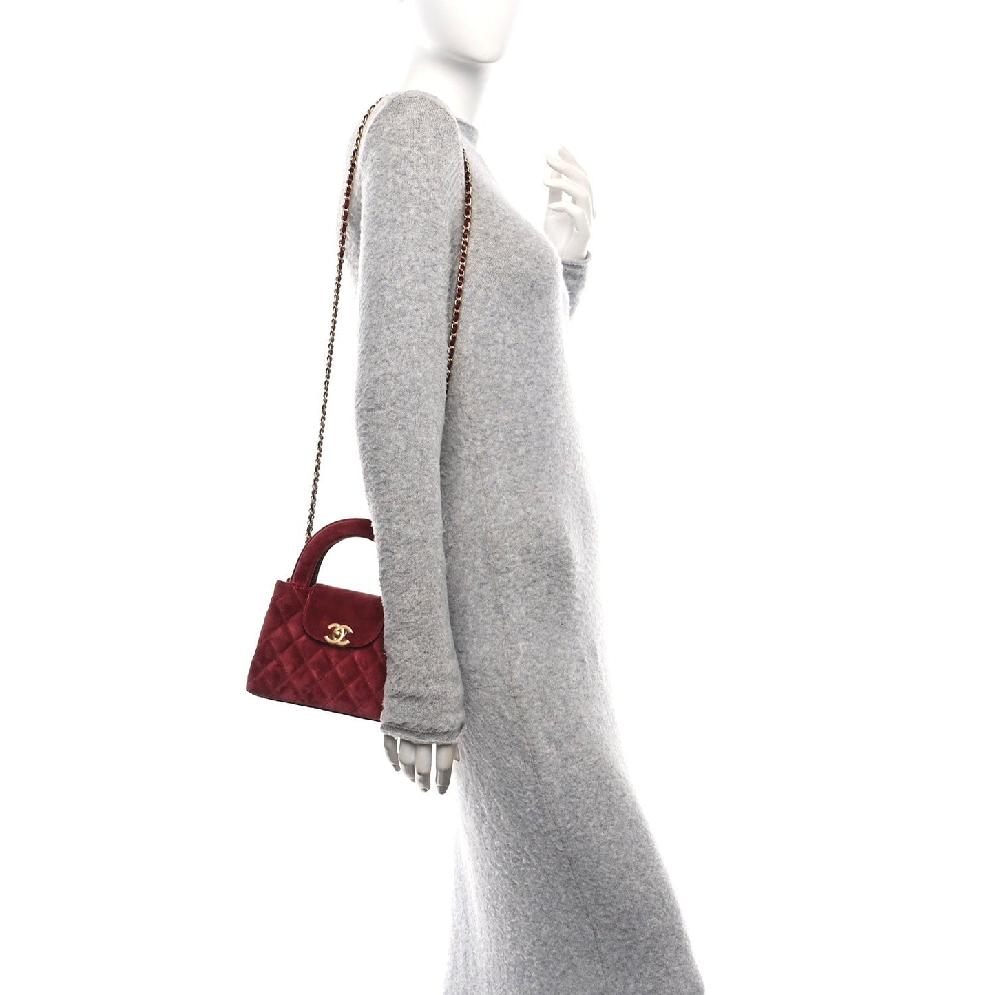 Velvet Quilted Nano Kelly Shopper Burgundy