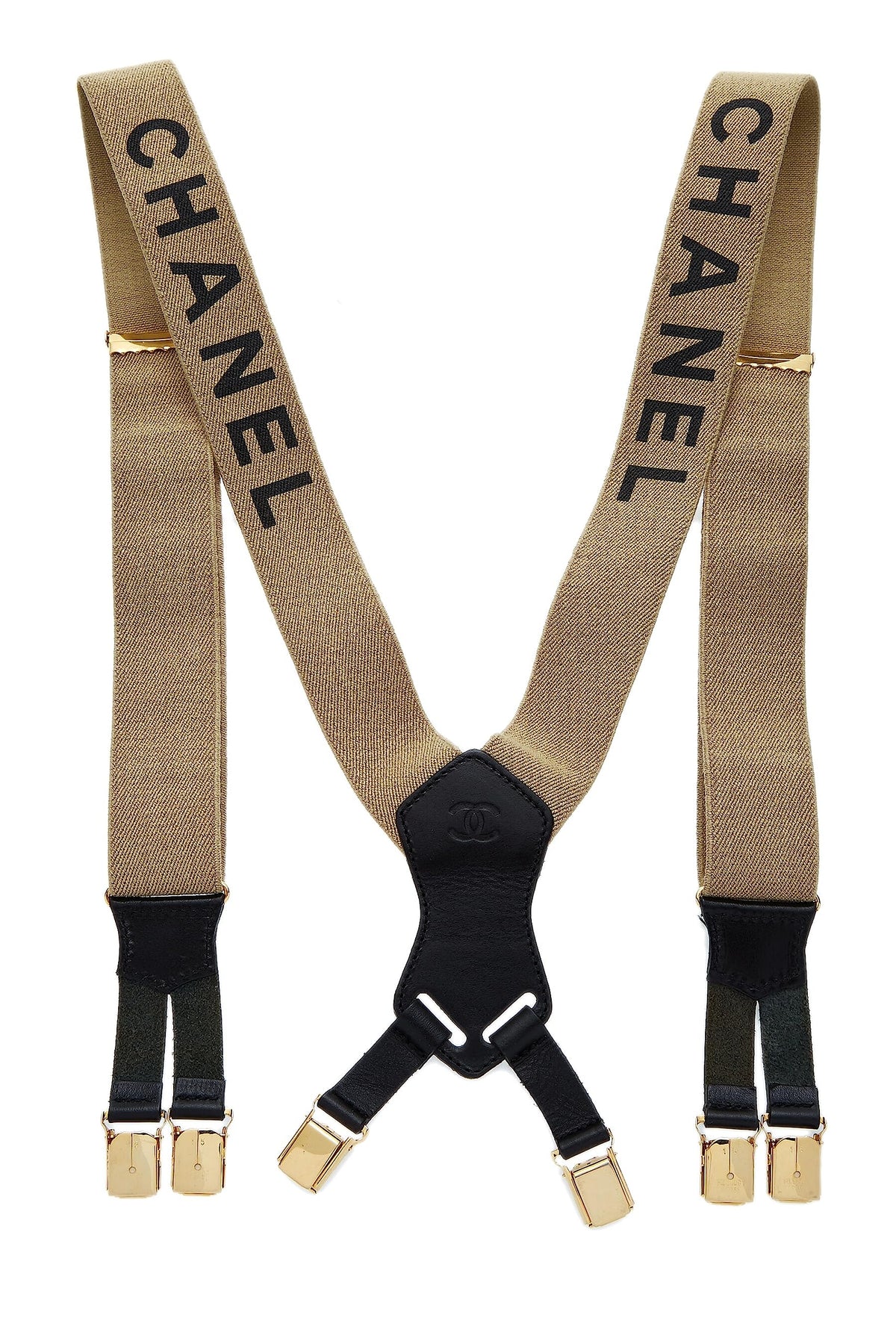 Chanel,  Beige Elastic Logo Suspenders, Beige