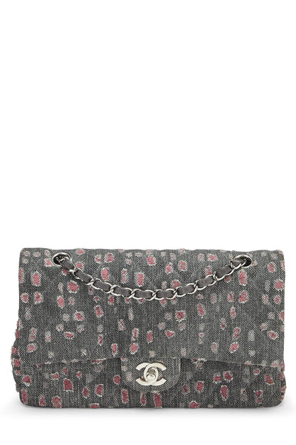 Chanel,  Grey & Pink Distressed Denim Classic Double Flap Medium, Pink