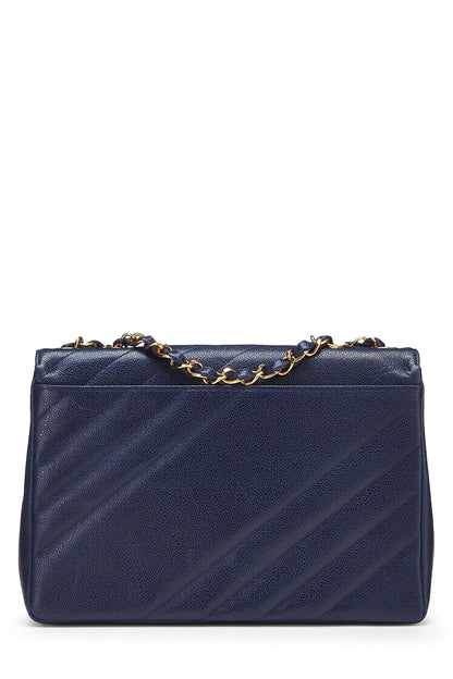 Chanel,  Navy Caviar Diagonal Jumbo Flap, Blue