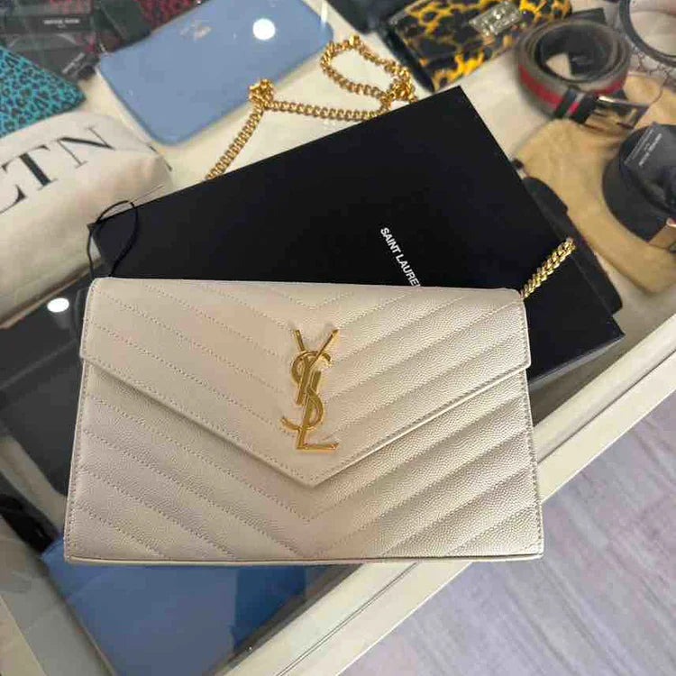 YSL Cassandre Matelassé Chain Wallet In Grain De Poudre Embossed Leather