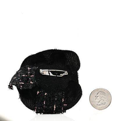Tweed Camellia Pin Brooch Black Pink