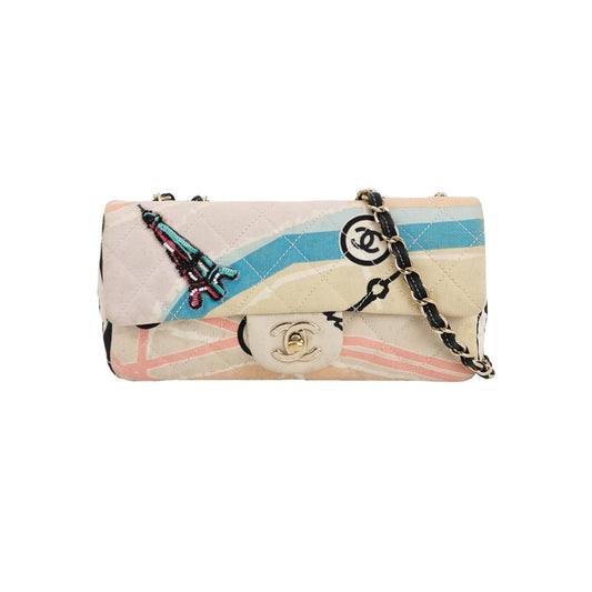 Chanel Baguette Flap Multicolor Eiffel Tower Print Cloth Shoulder Bag