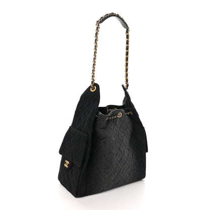 Washed Denim Quilted Medium Chanel 25 Handbag Black