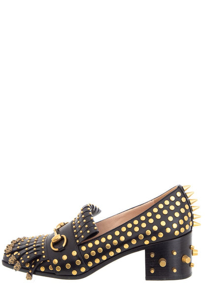 Gucci Black and Gold Studded Polly Leather Heeled Loafer SZ 38