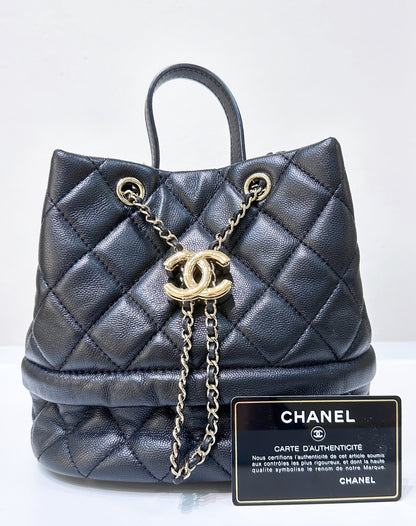 CHANEL Caviar Quilted Rolled Up Bucket Drawstring Bag Black