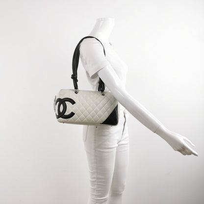 Chanel Cambon Medium Shoulder Bag White Calfskin Leather Black Double Strap