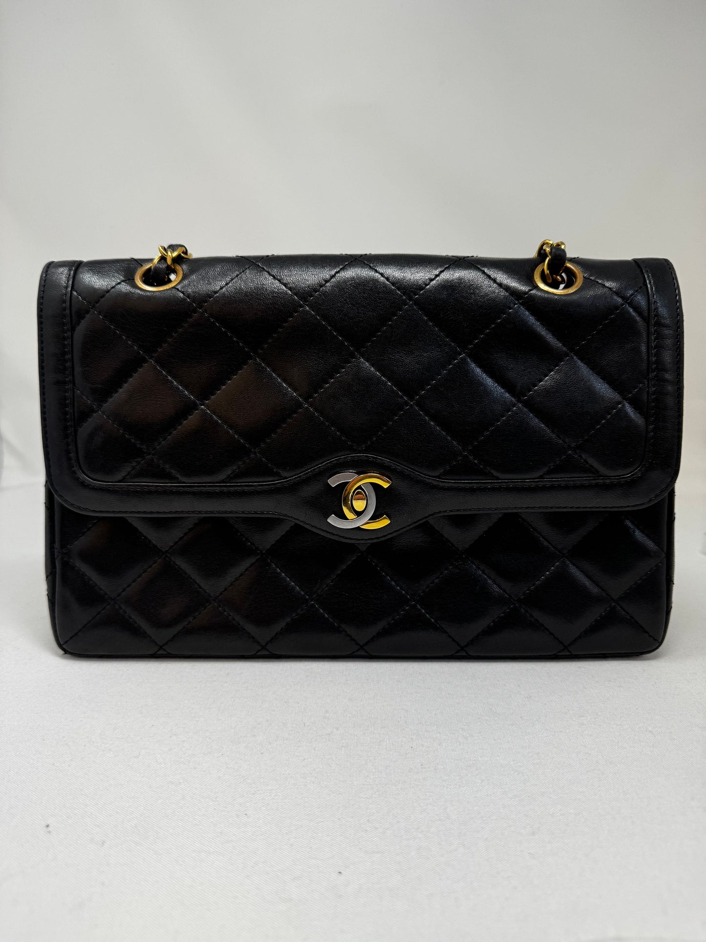 Chanel Vintage Two Tone CC Flap Bag Quilted Lambskin Medium Black B-