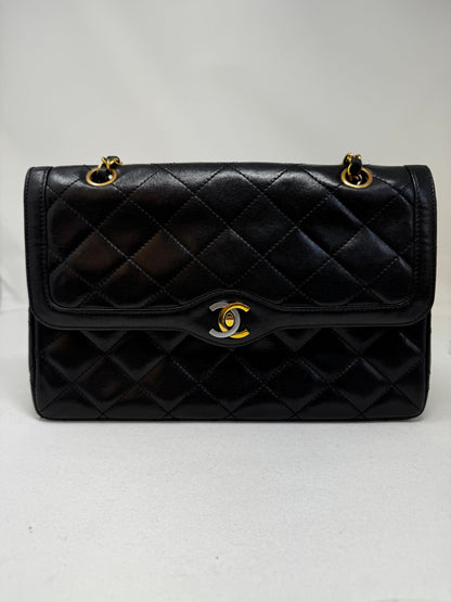 Chanel Vintage Two Tone CC Flap Bag Quilted Lambskin Medium Black B-