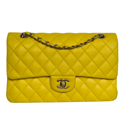 Chanel Yellow Timeless Flap Bag Medium in Lambskin Leather with Silber Hardware