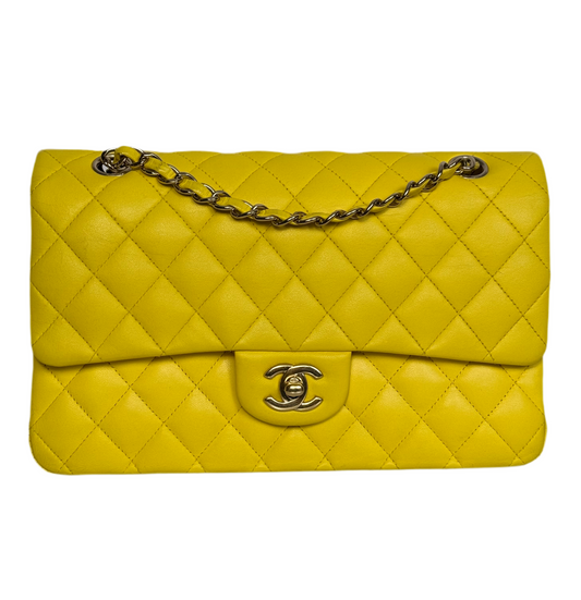 Chanel Yellow Timeless Flap Bag Medium in Lambskin Leather with Silber Hardware