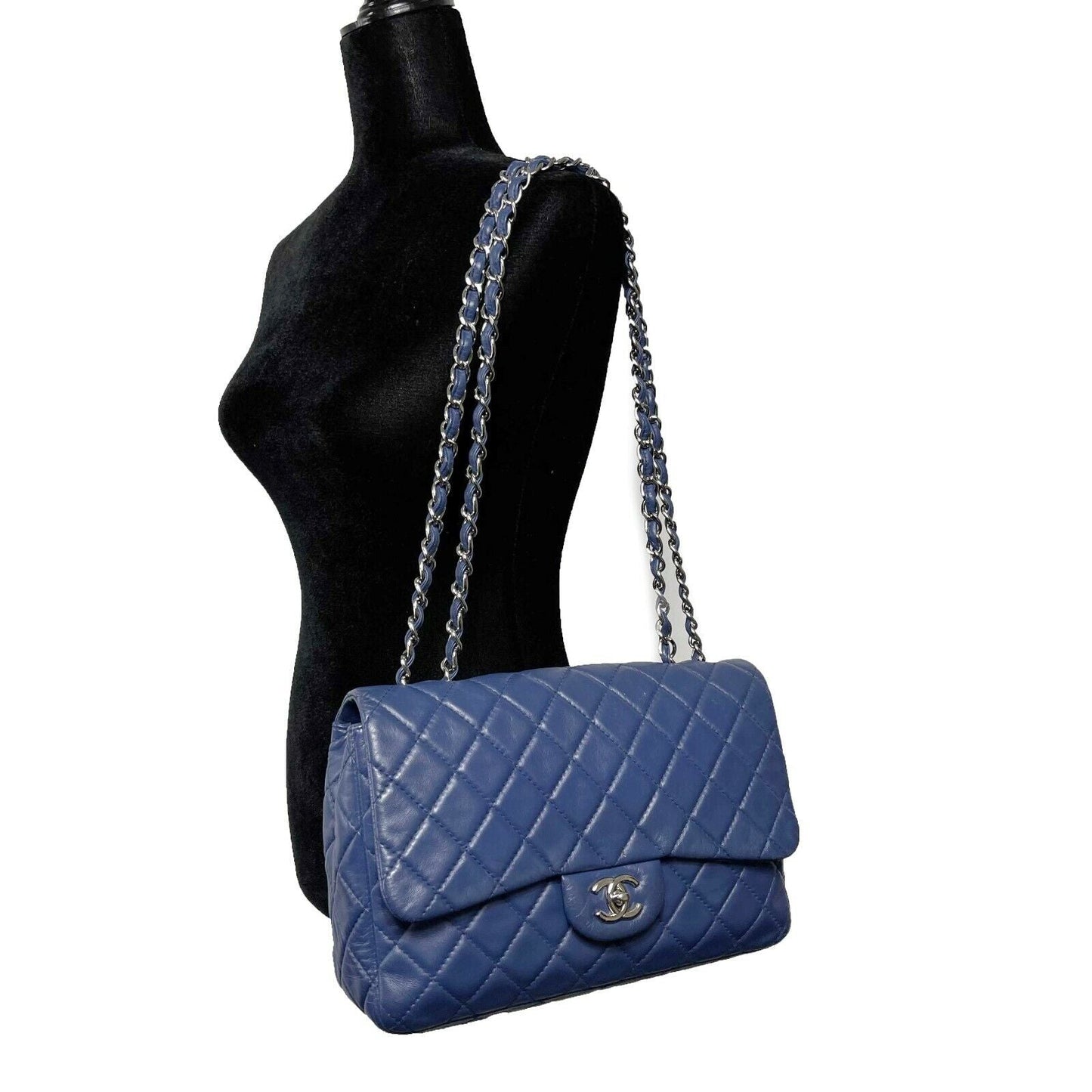 CHANEL Classic 08 Single Flap Bag - Blue Quilted Lambskin Maxi Shoulder Bag