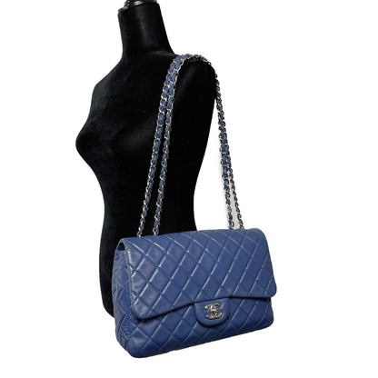 CHANEL Classic 08 Single Flap Bag - Blue Quilted Lambskin Maxi Shoulder Bag