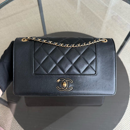 Chanel Seasonal Flap Mademoiselle - 25CM Quilted Lambskin Black Gold Hardware Series 23