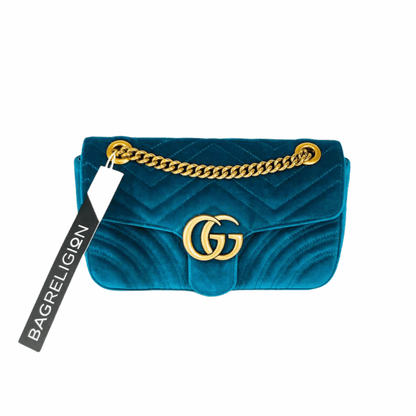 Gucci Marmont Matelasse Shoulder Bag Small in Peacock Blue Velvet