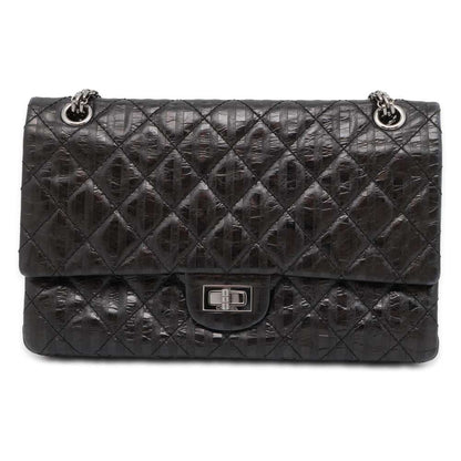 CHANEL 2.55 W Flap W Chain Shoulder Bag Stripe Black A37587 Leather Size Large