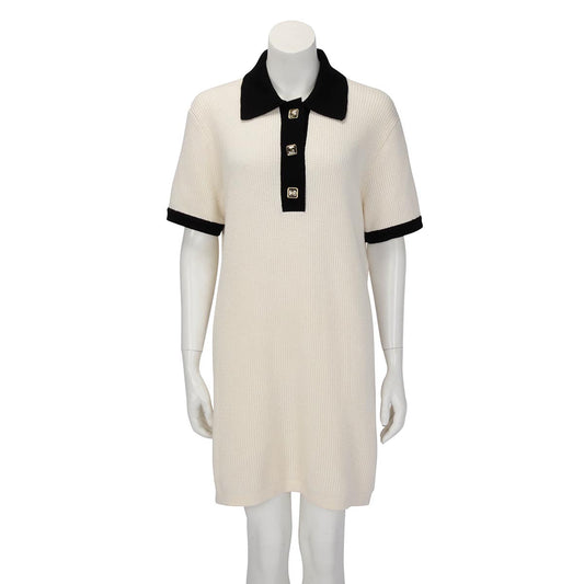 Chanel Cream & Black Waffle Knit Polo Mini Dress FR 40