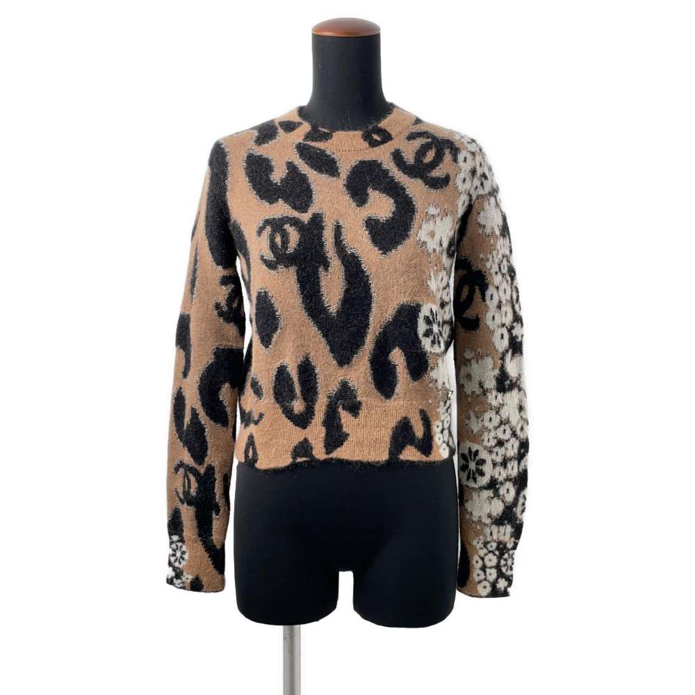 Chanel Leopard CC Logo Knit Size 34 Beige/Black P75361 Cashmere43% Mohair 32% Nylon19% Wool 6%