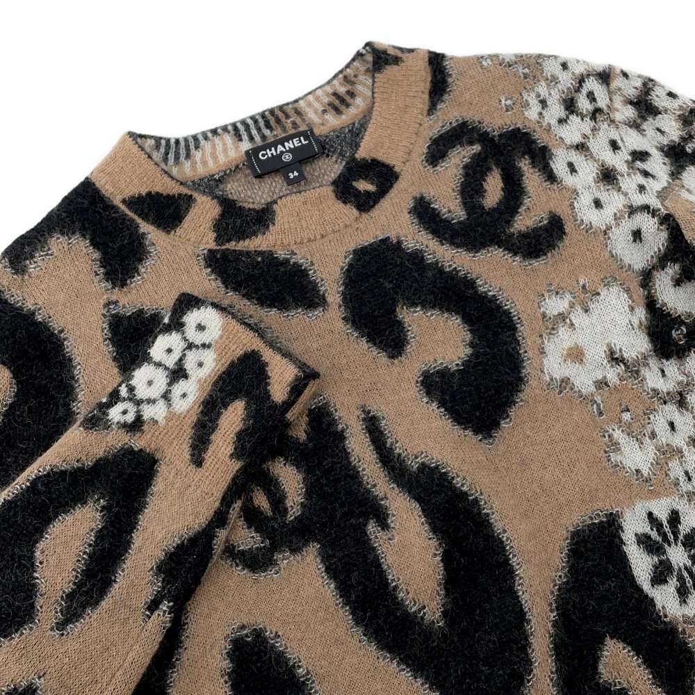 Chanel Leopard CC Logo Knit Size 34 Beige/Black P75361 Cashmere43% Mohair 32% Nylon19% Wool 6%